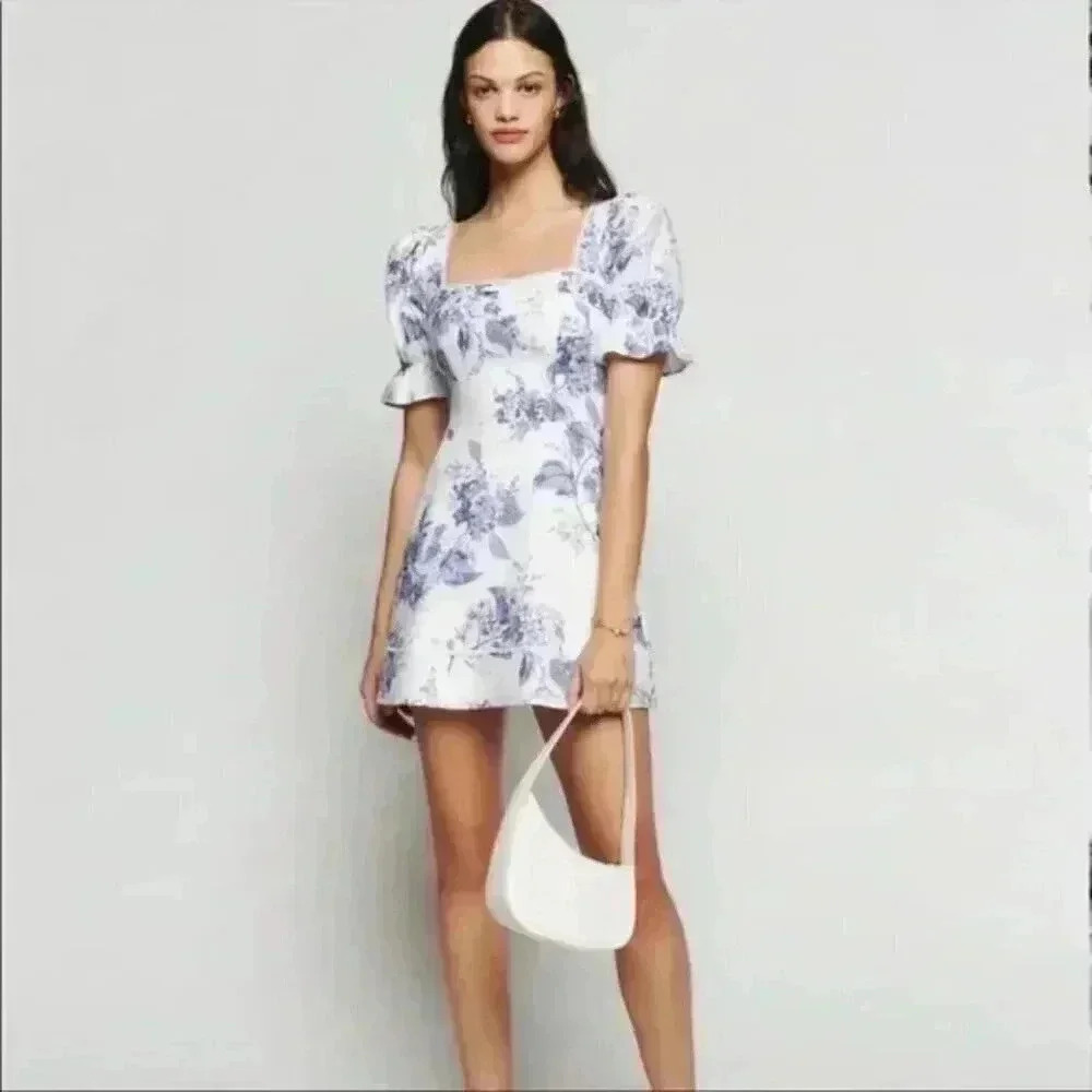 NWOT Evianna Linen Dress in Lupine White Blue Flora Mini Short Sleeves Back Tie
